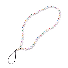 Opaque Acrylic Beads Mobile Straps, with Braided Nylon Thread and Brass Beads, Flat Round with Colorful Heart Pattern