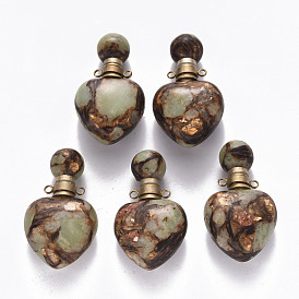 Heart Assembled Synthetic Bronzite and Aqua Terra Jasper Openable Perfume Bottle Pendants, with Brass Findings, Dyed