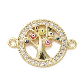Brass Micro Pave Clear Cubic Zirconia Connector Charms with Enamel, Flat Round with Evil Eye Tree Links