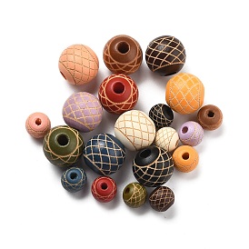 Деревянные бусины, круглый с сетчатым узором