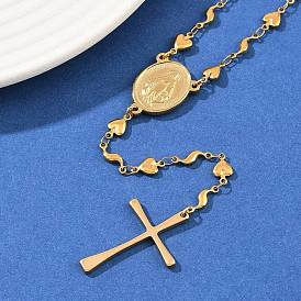 201 шарик ожерелья из нержавеющей стали четки, Цепочка-подвеска в форме сердца с девственным крестом и застежкой из нержавеющей стали, ионное покрытие (ip)