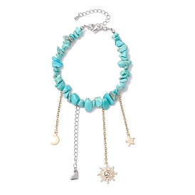 Synthetic Turquoise Chip Beaded Bracelets, Sun Heart Brass Charm Bracelets for Women