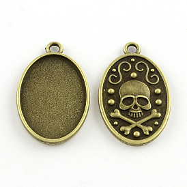 Oval Carved Skull Tibetan Style Alloy Pendant Cabochon Open Back Settings, Plain Edge Bezel Cups, Lead Free & Cadmium Free, Tray: 30x20mm, 37x22.5x3mm, Hole: 3mm,  about 215pcs/1000g