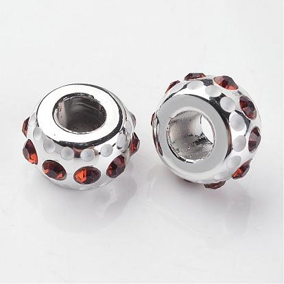 Rondelle Platinum Core CCB Plastic Glass Rhinestone Large Hole European Beads, 14x8mm, Hole: 5mm