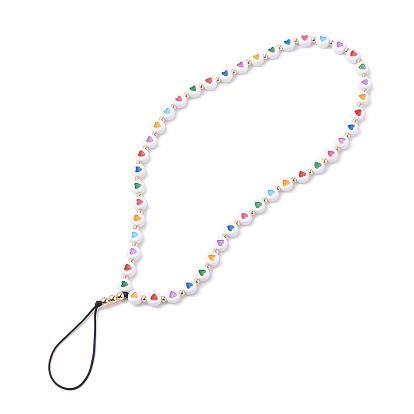 Opaque Acrylic Beads Mobile Straps, with Braided Nylon Thread and Brass Beads, Flat Round with Colorful Heart Pattern