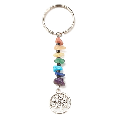 Natural & Synthetic Gemstone Beaded Keychains, with Alloy Pendants & Glass Beads, Iron & 304 Stainless Steel Findings, Tree