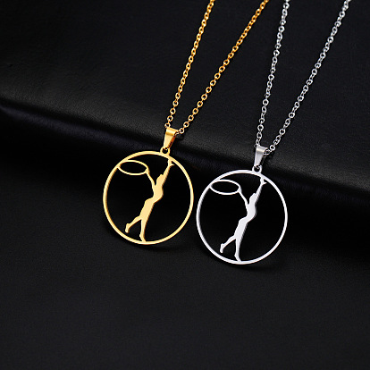 304 Stainless Steel Sport Gymnastics Outline Pendant Necklaces for Women