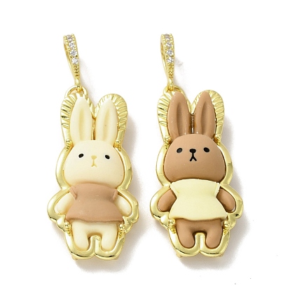 Opaque Resin Pendants, Large Hole Pendant, with Real 18K Gold Plated Brass Findings & Clear Cubic Zirconia, Cadmium Free & Lead Free, Rabbit