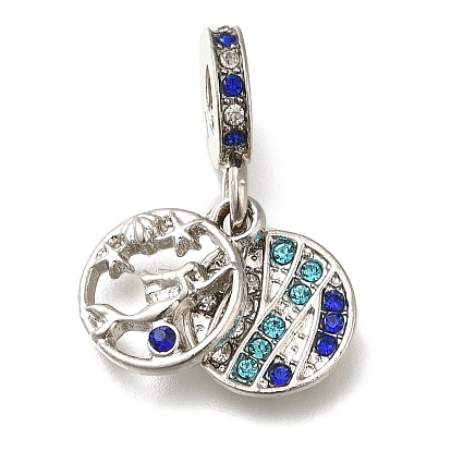 Rack Plating Alloy Rhinestone European Dangle Charms, Flat Round with Mermaid Large Hole Pendants