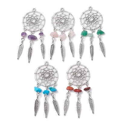 10 piezas 5 colores amatista natural y jaspe rojo y cuarzo rosa y aventurina verde y chips de magnesita teñida colgantes grandes, Red/red tejida de aleación con dijes de plumas., plata antigua