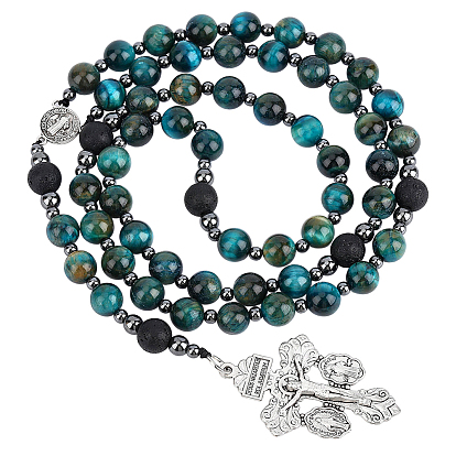 Colliers de chapelet à perles rondes en œil de tigre bleu cadet naturel teint, hématite synthétique non magnétique et roche de lave, Colliers pendentifs croix de Jésus en alliage