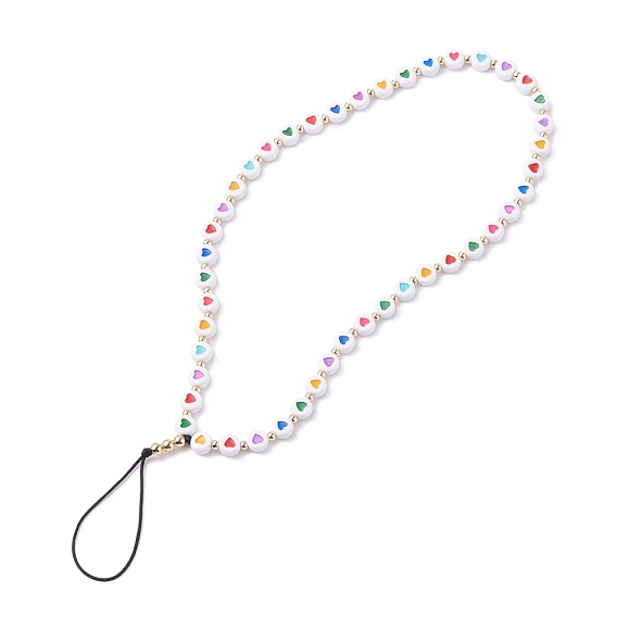 Opaque Acrylic Beads Mobile Straps, with Braided Nylon Thread and Brass Beads, Flat Round with Colorful Heart Pattern