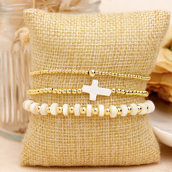 3шт 3 стили латунные круглые бусины эластичный браслет набор для женщин, с жемчугом из раковины 