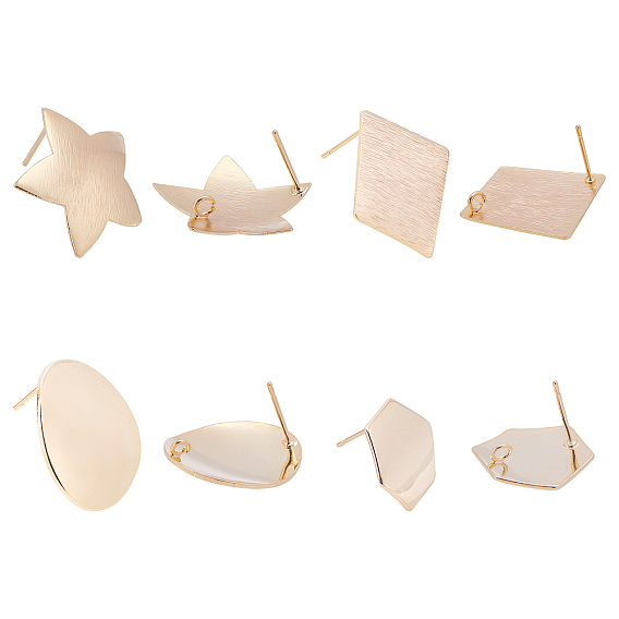 Brass Stud Earring Findings, with Loop, Long-Lasting Plated, Mixed Shapes