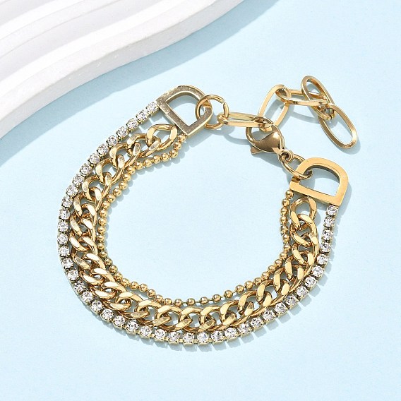 304 из нержавеющей стали браслеты многожильных, браслеты-цепочки с пуговицами, шариками и стразами для женщин, ионное покрытие (ip)