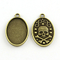 Oval Carved Skull Tibetan Style Alloy Pendant Cabochon Open Back Settings, Plain Edge Bezel Cups, Lead Free & Cadmium Free, Tray: 30x20mm, 37x22.5x3mm, Hole: 3mm,  about 215pcs/1000g