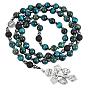 Collares de rosario redondos de cuentas de ojo de tigre azul cadete natural teñido y hematita sintética no magnética y roca de lava., Collares colgantes de cruz de Jesús de aleación
