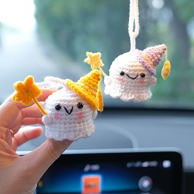 Halloween Handmade Macrame Cotton Hanging Ornament, for Car Rear View Mirror Decoration, Ghost with Hat