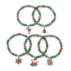 5Pcs Christmas Theme Glass Beaded Stretch Bracelets, Alloy Enamel Charm Bracelets, Snowflake/Gift/Christmas Tree