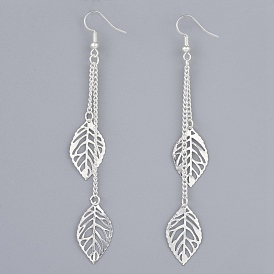 Brass Dangle Earrings, with Iron Curb Chains and Brass Earring Hooks, Leaf