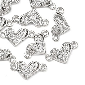 SHEGRACE Brass Micro Pave Clear Cubic Zirconia Connector Charms, Heart Links, Cadmium Free & Lead Free & Nickel Free