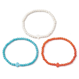 3Pcs 3 Colors Synthetic Turquoise Beaded Stretch Bracelets Sets for Women, Cross