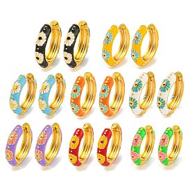 Rack Plating Brass Hoop Earrings, with Flower Enamel, Cadmium Free & Lead Free, Long-Lasting Plated, Real 18K Gold Plated