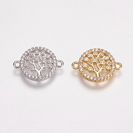 Brass Micro Pave Cubic Zirconia Links, Cadmium Free & Lead Free, Flat Round with Tree of Life