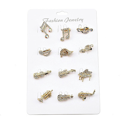 12шт 12 стили сплава горный хрусталь броши для рюкзака одежды, музыкальная нота и музыкальные инструменты