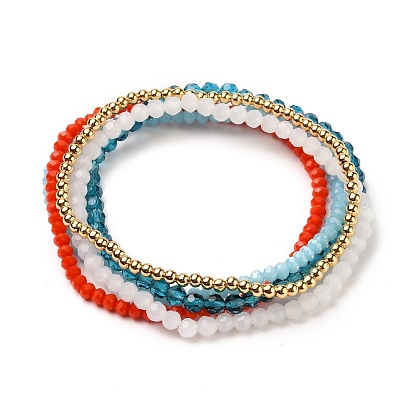 Stretch Bracelets Sets, Stackable Bracelets, with Real 18K Gold Plated Brass Beads and Glass Beads, Round & Rondelle