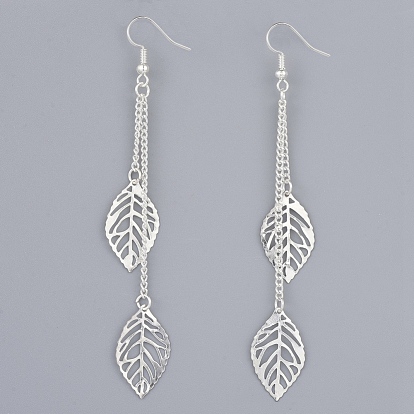 Brass Dangle Earrings, with Iron Curb Chains and Brass Earring Hooks, Leaf