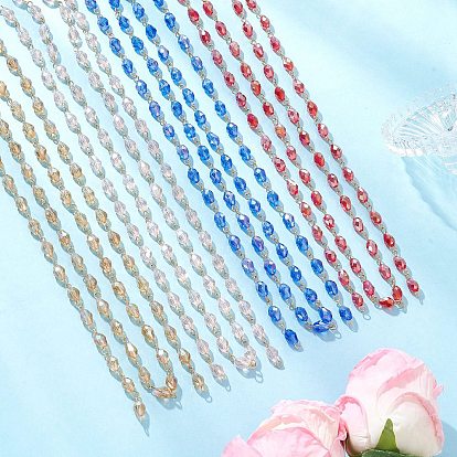 Цепочки из овальных стеклянных бусин, с 304 фурнитурой из нержавеющей стали, золотые, граненые