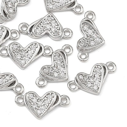 SHEGRACE Brass Micro Pave Clear Cubic Zirconia Connector Charms, Heart Links, Cadmium Free & Lead Free & Nickel Free