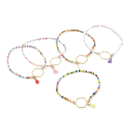 Polycotton Tassel Stretch Charm Bracelets, with Glass Seed Beads, 304 Stainless Steel Hexagon Links and Brass Beads, Golden