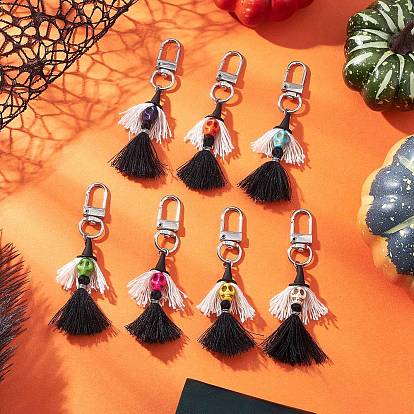 Подвесные украшения из поликоттона с кисточками ручной работы, с черепом из синтетической бирюзы, окрашенной в цвет ведьмы, и поворотными застежками из сплава