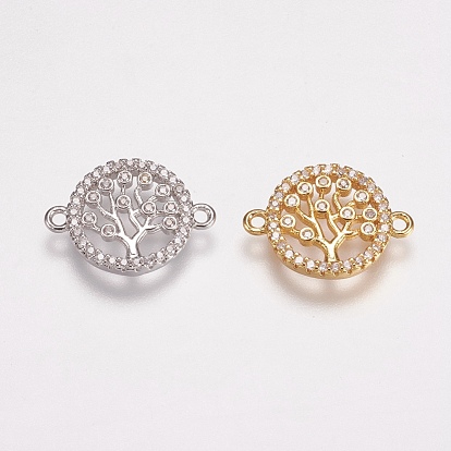Brass Micro Pave Cubic Zirconia Links, Cadmium Free & Lead Free, Flat Round with Tree of Life