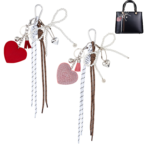 2 шт. 2 цветные бархатные стразы в форме сердца с пластиковыми жемчужинами, подвесные украшения в виде банта, с полиэфирным шнуром и алюминиевыми застежками для ключей, для украшения сумки, платина