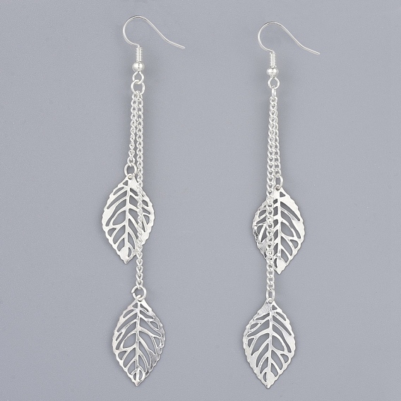 Brass Dangle Earrings, with Iron Curb Chains and Brass Earring Hooks, Leaf