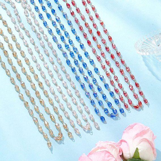 Цепочки из овальных стеклянных бусин, с 304 фурнитурой из нержавеющей стали, золотые, граненые