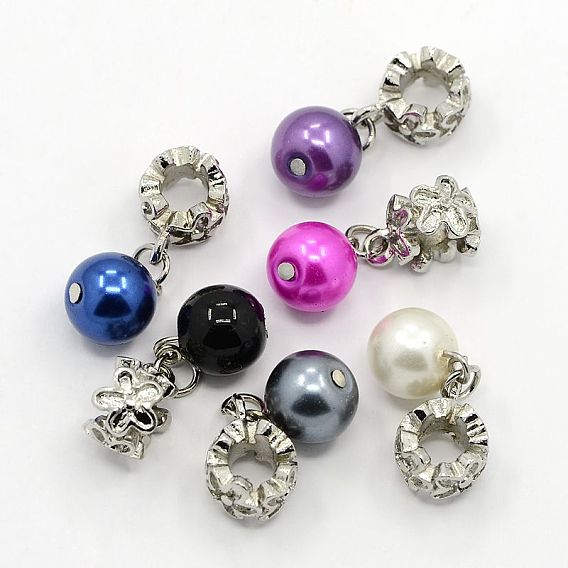 Large Hole Platinum Plated Alloy European Dangle Charms, with Round Acrylic Beads, 28mm, Hole: 5mm