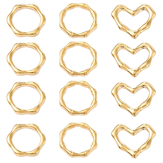 12Pcs 3 Style PVD Vacuum Plating 304 Stainless Steel Linking Rings, Ring & Heart