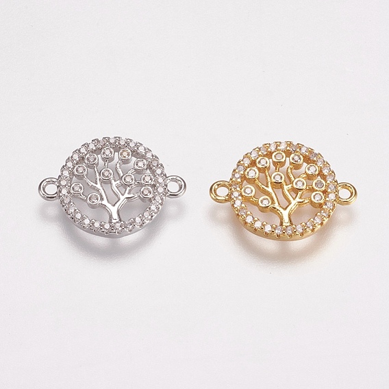 Brass Micro Pave Cubic Zirconia Links, Cadmium Free & Lead Free, Flat Round with Tree of Life