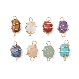 8Pcs 8 Styles Natural Red Jasper &Tiger Eye & Green Aventurine & Lapis Lazulii & Amethyst & Quartz Crystal & Topaz Jade, Synthetic Turquoise Copper Wire Wrapped Pendants, Cuboid Charms