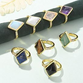 Кольца с ромбами из натуральных и синтетических драгоценных камней, Кольца-манжеты из латуни золотистого тона с кубическим цирконием, стойки покрытие, долговечный, без свинца и без кадмия