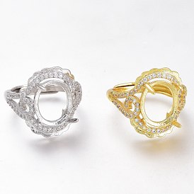Adjustable Brass Micro Pave Clear Cubic Zirconia Finger Ring Components, 4 Claw Prong Ring Settings, Long-Lasting Plated, Flower