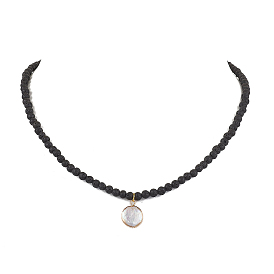 4mm Natural Lava Rock Round Beaded Necklaces, Flat Round Natural Baroque Pearl Pendant Necklaces for Women