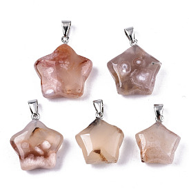 Natural Cherry Blossom Agate Pendants, with Platinum Iron Pinch Bail, Star