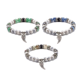 Round Mixed Gemstone Beads Energy Stretch Bracelet for Girl Women, Wing Alloy Charm Bracelet