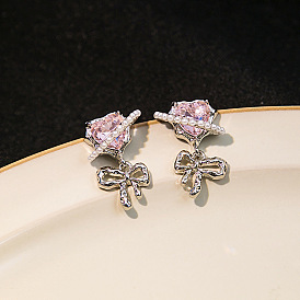 925 Silver Pearl Earrings with Bow Studs - Pink Heart Crystal Earings, Butterfly Design.
