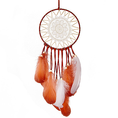Réseau tissé de bricolage / toile avec jeu de plumes, avec cordon de suédine, anneau de plumes et de fer et bâtons en plastique